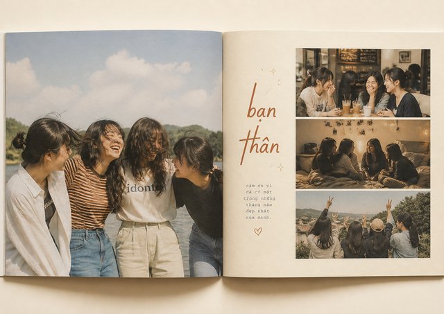 Minh họa trang Cả nhóm cuốn Bạn thân: ảnh lớn và ba tấm nhỏ