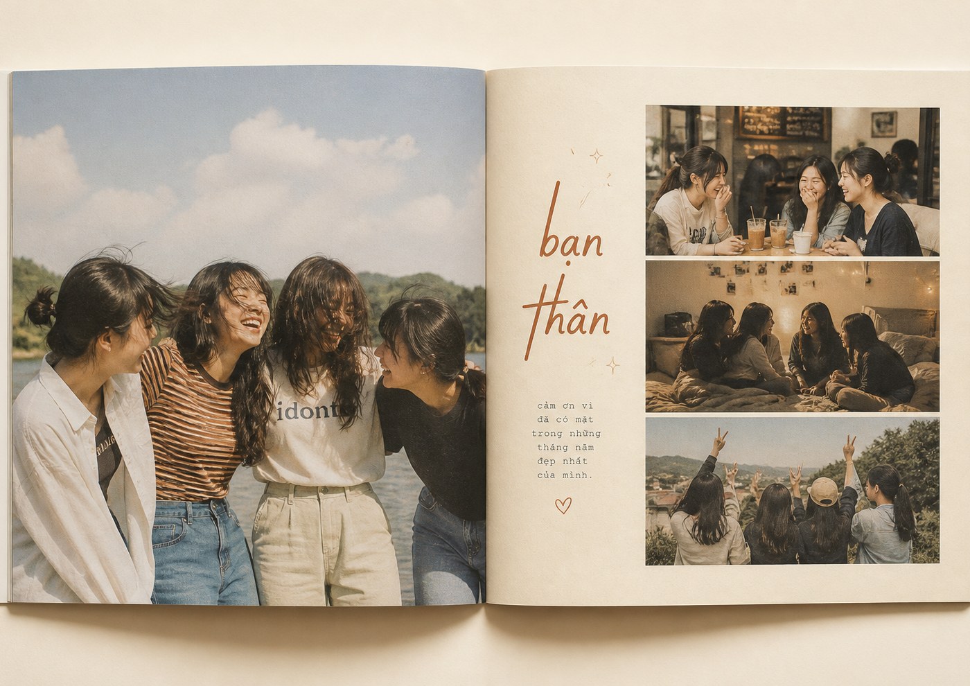 Minh họa trang Cả nhóm cuốn Bạn thân: ảnh lớn và ba tấm nhỏ