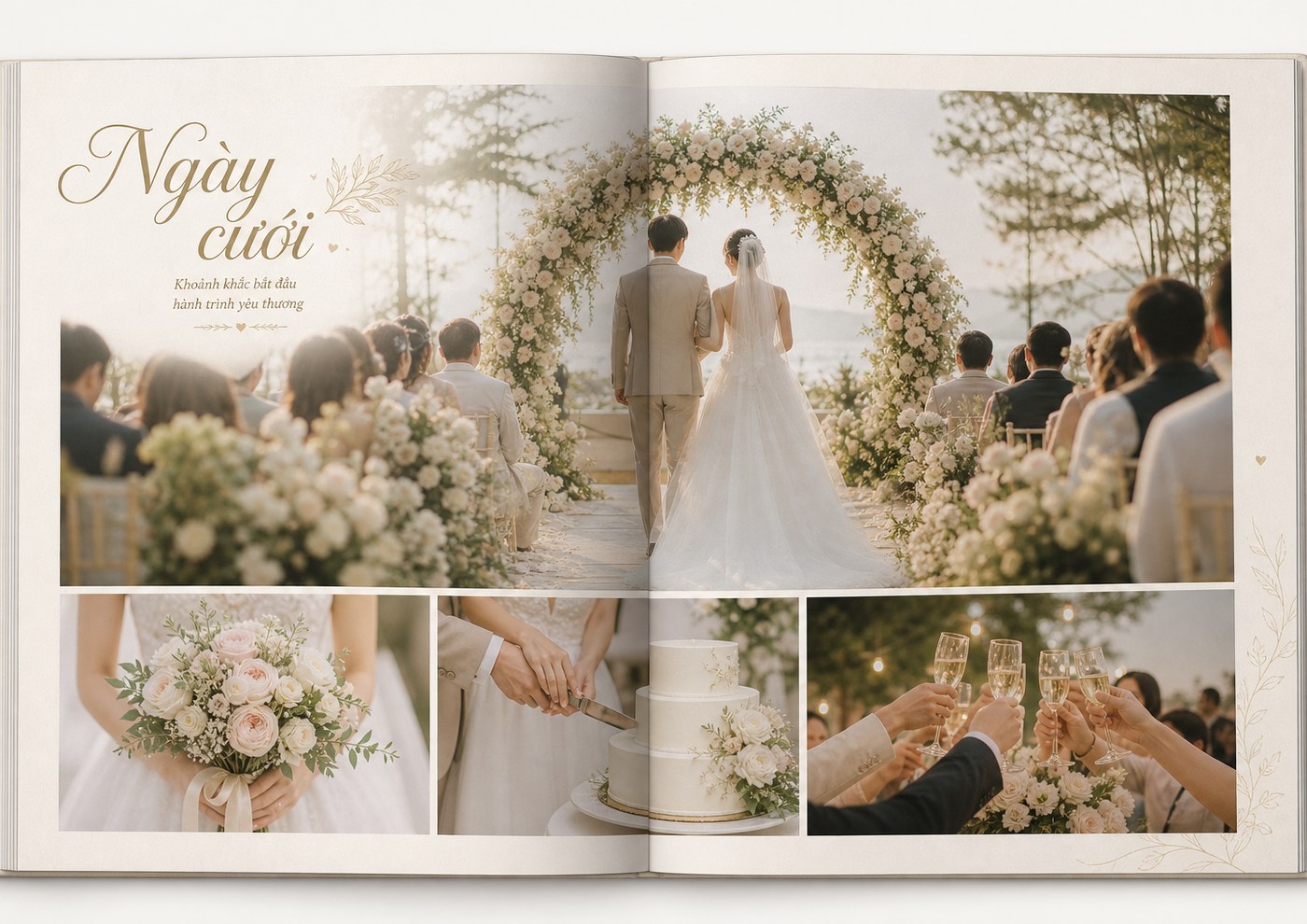 Minh họa trang Lễ cưới cuốn Ngày cưới: ảnh ngang rộng và ba tấm dưới