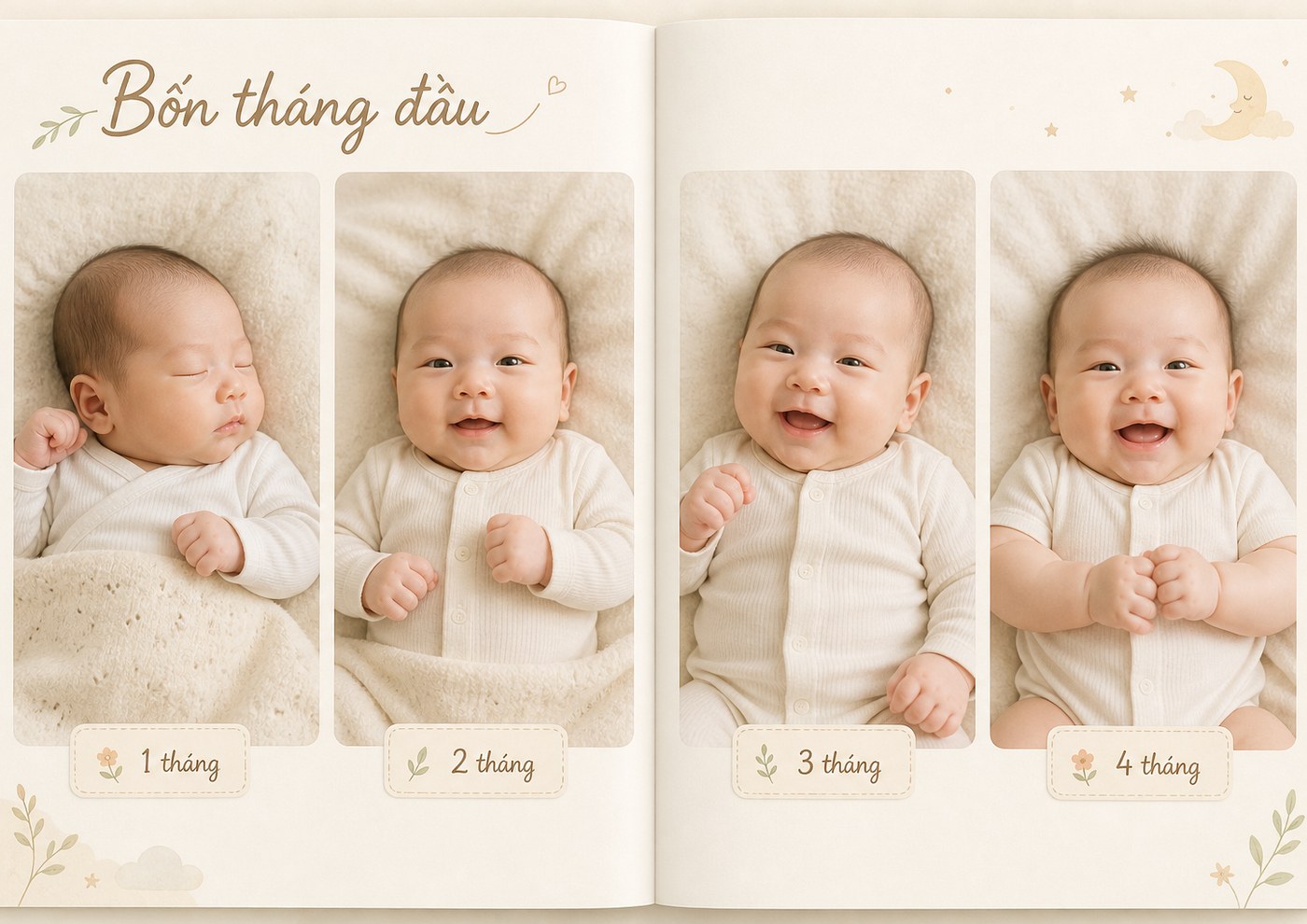 Minh họa trang Những tháng đầu cuốn Em bé: bốn cột ảnh theo tháng