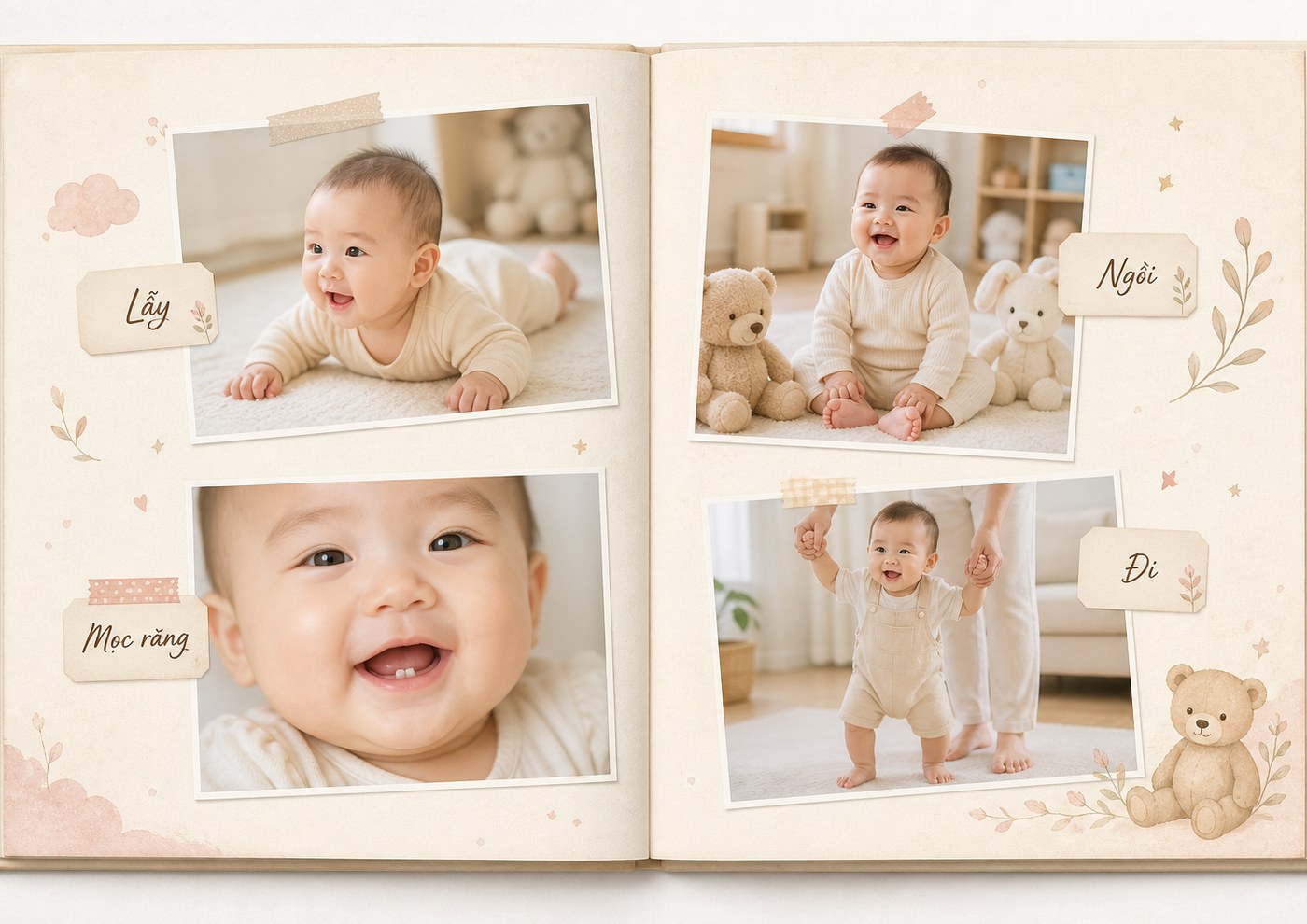 Minh họa trang Cột mốc cuốn Em bé: bốn tấm nghiêng lẫy · ngồi · răng · đi
