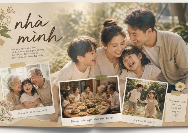 Minh họa trang Cả nhà cuốn Gia đình: ảnh tập thể và ba tấm nhỏ