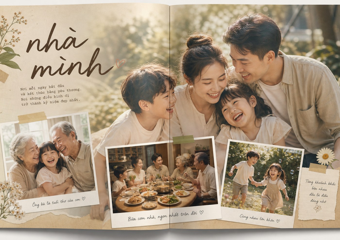 Minh họa trang Cả nhà cuốn Gia đình: ảnh tập thể và ba tấm nhỏ