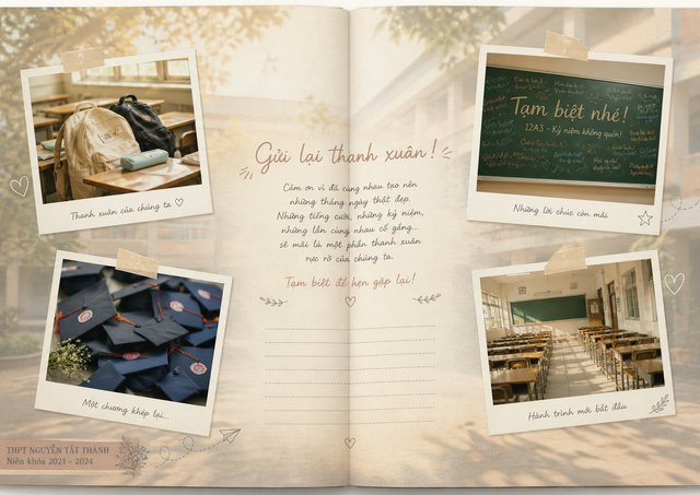 Minh họa trang Lời chúc cuốn Kỷ yếu: bốn tấm nghiêng trên nền lớp học