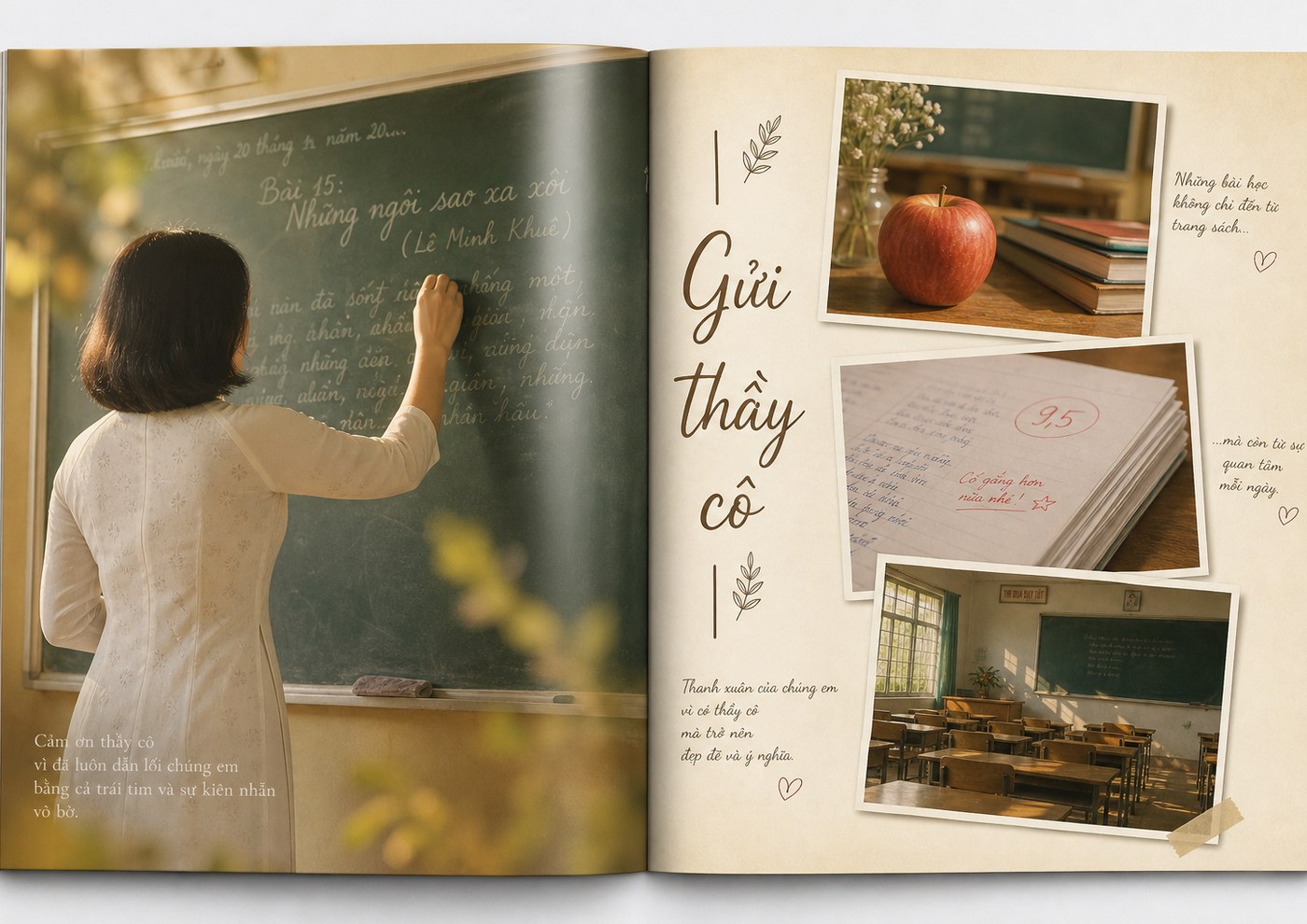 Minh họa trang Thầy cô cuốn Kỷ yếu: ảnh tràn viền và ba tấm nhỏ