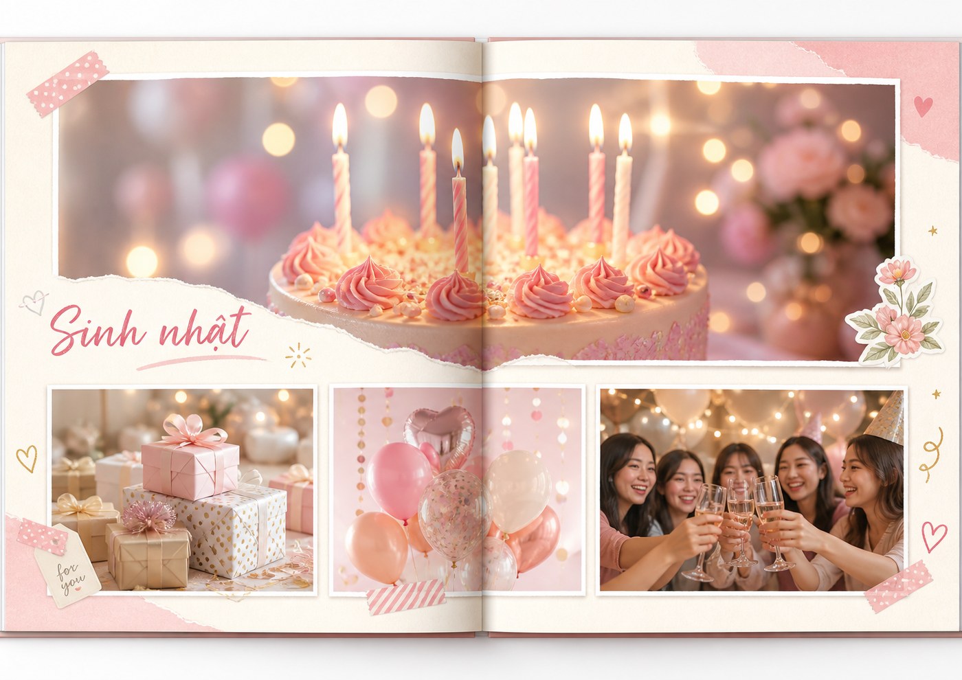 Minh họa trang Thổi nến cuốn Sinh nhật: bánh kem và ba tấm tiệc