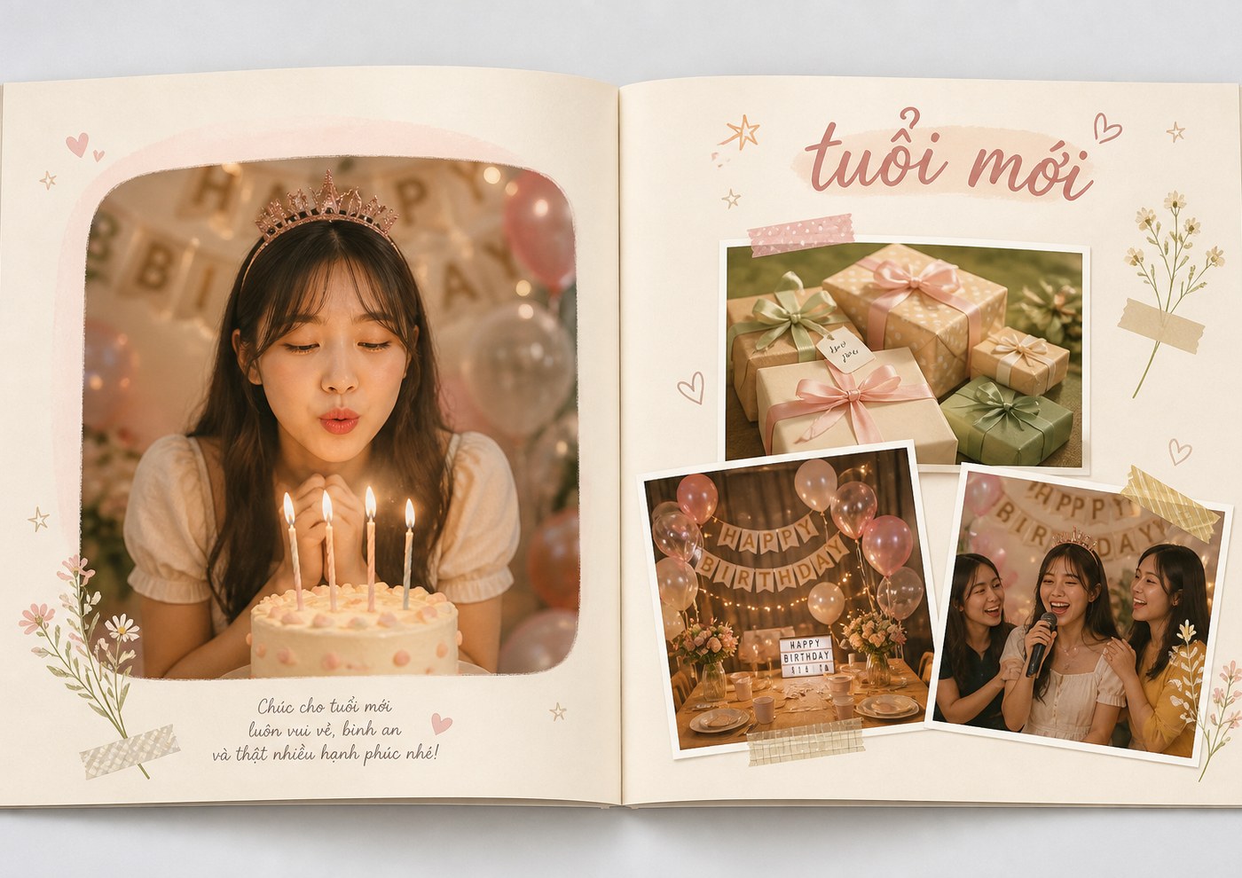 Minh họa trang Khoảnh khắc cuốn Sinh nhật: ảnh lớn và collage