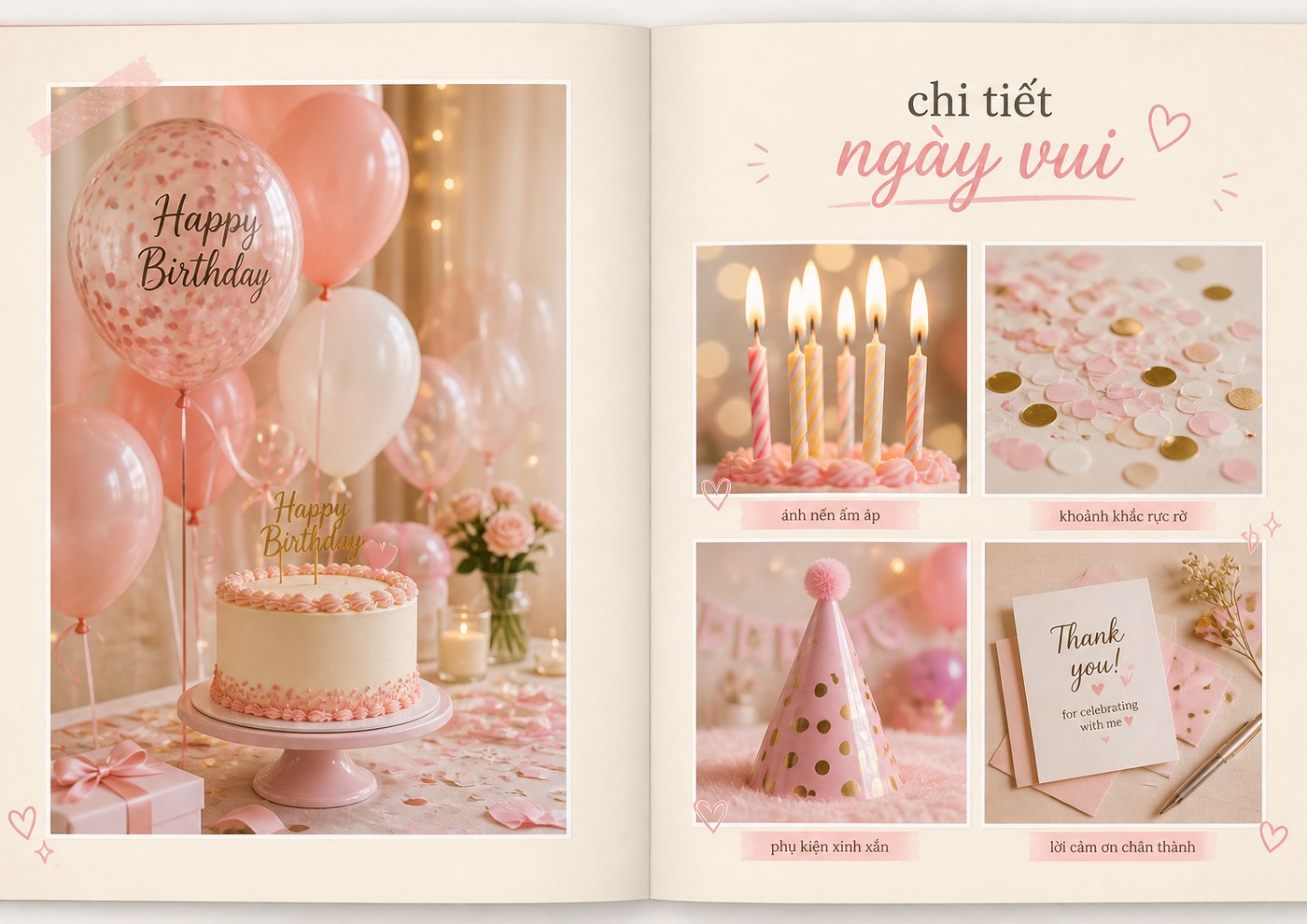 Minh họa trang Chi tiết cuốn Sinh nhật: quà, nến, bóng bay