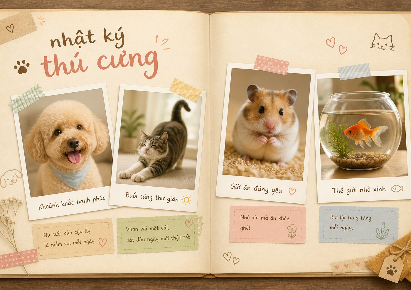 Minh họa trang Thường ngày cuốn Thú cưng: bốn tấm nghiêng