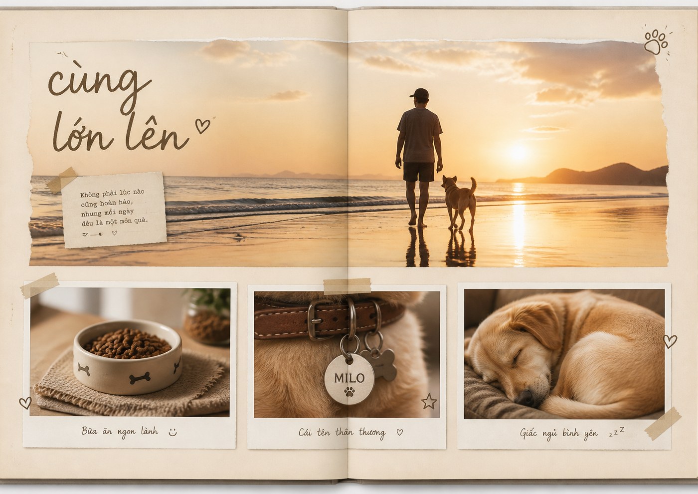 Minh họa trang Cùng chủ cuốn Thú cưng: ảnh ngang và ba tấm dưới